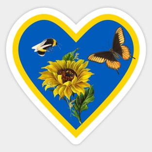 Sunflowers Bee and Butterfly in Blue and Yellow Heart Sticker